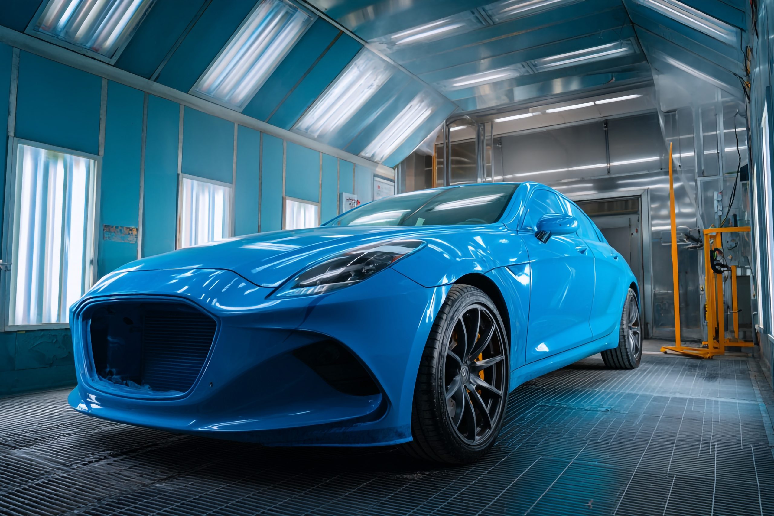 Car painter in protective clothes and mask painting automobile bumper with metallic paint and varnish in chamber workshop.