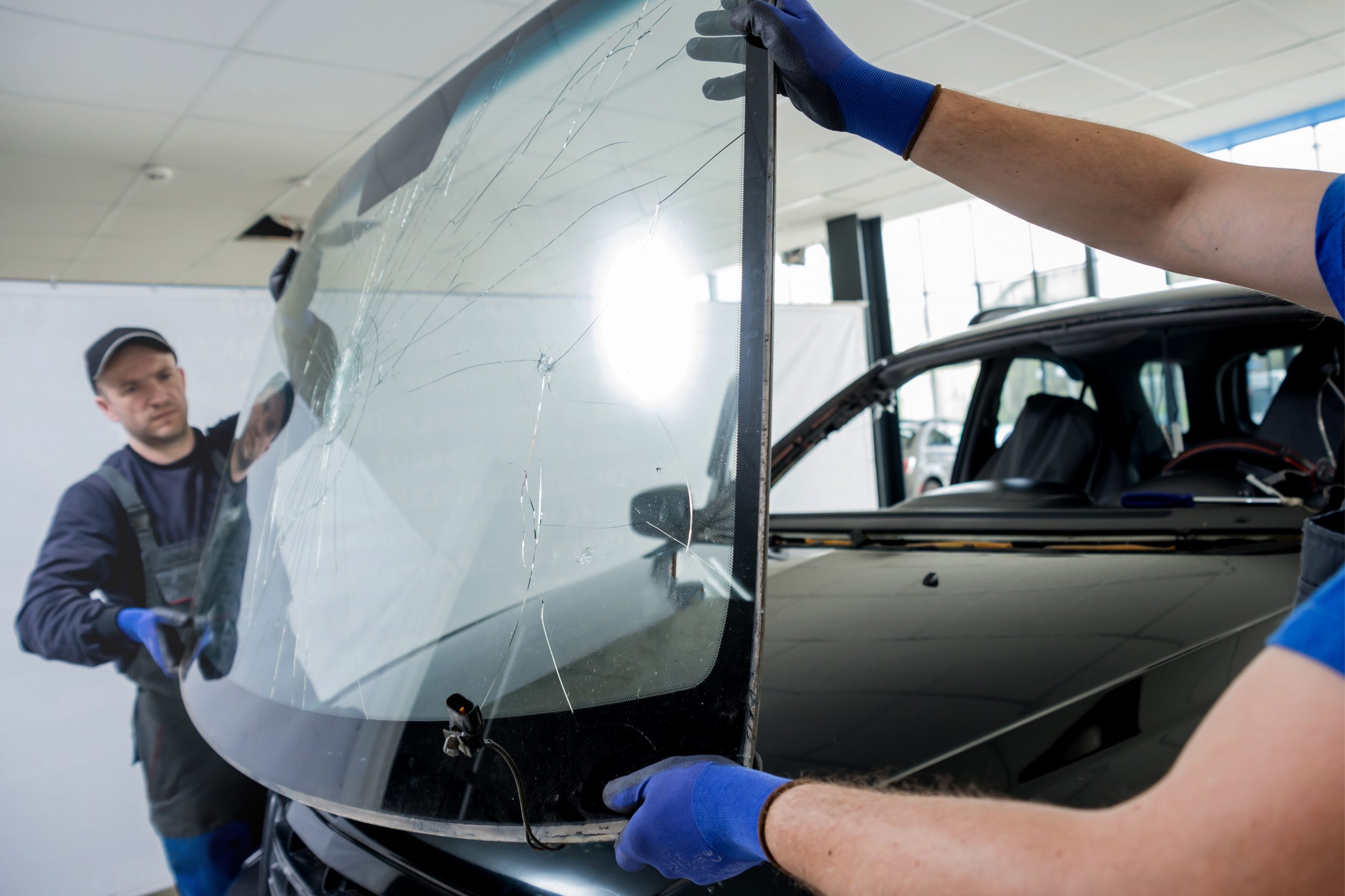 Car painter in protective clothes and mask painting automobile bumper with metallic paint and varnish in chamber workshop.